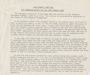 Document, Lord Somers Camp 1967. RW Anderson reports on the Lord Somers' Camp, 1967