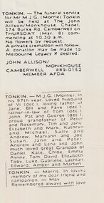 Document - Article, Legatee Tonkin Funeral Notice