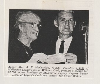 Document - Article, Mrs A E McCutchan and Legatee Vance Dore, 1965