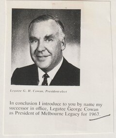 Document - Document, article, Legatee G H Cowan, President 1967