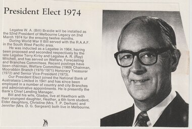 Document - Article, Legatee Bill Braidie, President 1974