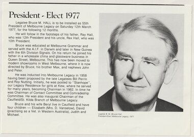 Document - Article, Legatee Bruce Hall, President 1977