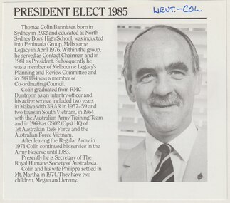 Article, Legatee T C (Colin) Bannister, President 1985