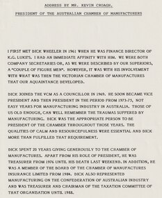 Document - Eulogy, Richard Norman Wheeler - Address by Mr Kevin Croagh, President of the Australian Chamber of Manufacturers