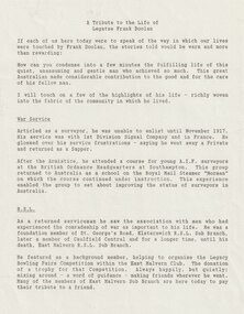 Document - Eulogy, A tribute to Legatee Frank Doolan