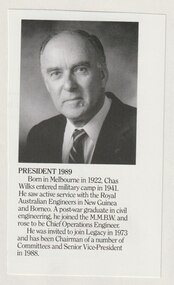 Document - Article, Legatee Chas Wilks, President 1989