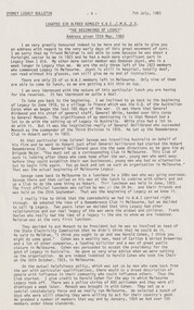 Document - Speech, Sydney Legacy Bulletin Address 'The Beginnings of Legacy' given by Legatee Kemsley