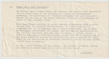 Document - Article, Bulletin. Honour for a Past President (Jim Gillespie)