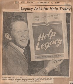 Newspaper - Document, article, The Age, Legacy Asks for Help Today, 1960