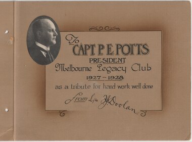 Album - Photo album, One Week's Legacy Club Publicity. Tribute to Capt P E Potts, 1928