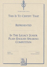 Certificate, Legacy Junior Plain English Speaking Competition, 1990s