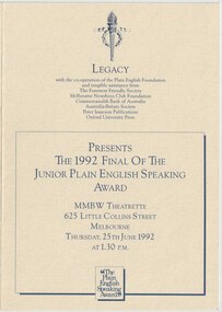 Programme, Legacy Junior Plain English Speaking Competition 1992, 1992
