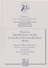 Programme, Legacy Junior Plain English Speaking Competition 1993, 1993