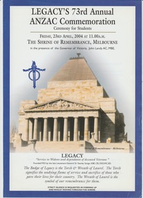 Programme, Invitation to 73rd Annual ANZAC Commemoration Ceremony for Students, 2004