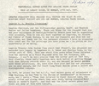Document - Speech, A tribute to Legatee Frank Doolan