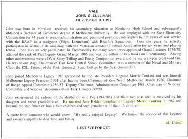 Document - Article, Bulletin VALE Legatee John Sullivan, 1997
