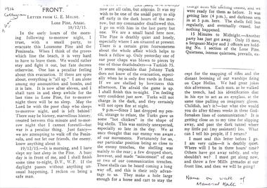 Document, Letter from GE Milne, Lone Pine ANZAC 18/12/1915, 1915