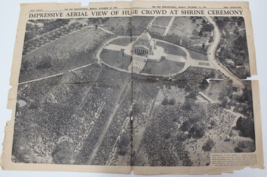 Newspaper - Document, Impressive aerial view of huge crowd at Shrine ceremony, 1934