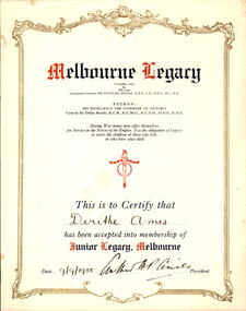 Certificate, Junior Legacy Melbourne, 1955