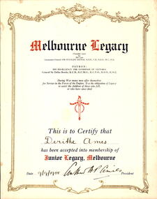 Certificate, Junior Legacy Melbourne, 1955