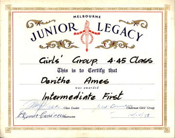 Certificate, Junior Legacy, 1958