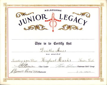 Certificate, Junior Legacy, 1960