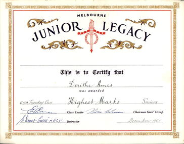 Certificate, Junior Legacy, 1961