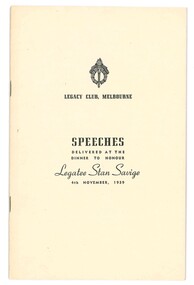 Document, Speeches delivered at the dinner to honour Legatee Stan Savige, 1939