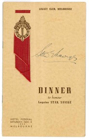 Document - Menu card, Dinner to honour Legatee Stan Savige, 1939