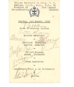 Document - Menu card, Dinner for Stan Savige 1st March 1940, 1940