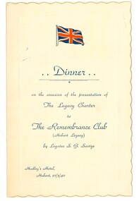 Document - Menu card, Dinner at Remembrance Club in Hobart on 27th March 1940, 1940