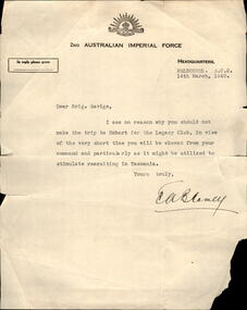 Letter, Permission from Blamey for Savige to travel to Hobart in March 1940, 1940