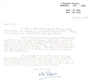 Letter, Cover note for recount of AIF work in 1941 by Stan Savige, 1973