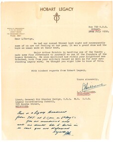 Letter, Hobart Legacy to Legatee Savige 1950, 1950