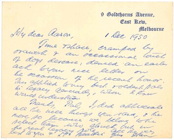 Letter, Legatee Savige to Legatee Aaron Beattie, 1950