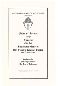 Programme, Order of Service for the Funeral of Legatee Savige, 1954