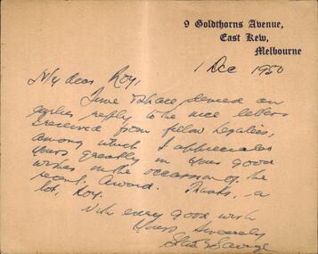 Letter, Legatee Savige to Legatee Roy, 1950
