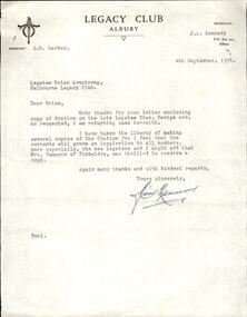 Letter, Copy of the Oration on the late Legatee Stan Savige, 1956