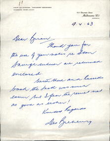 Letter, Letter to Legatee Brian Armstrong from Legatee Des Breheny, 1963