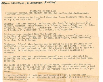 Document, Biography of the Late Lieutenant General Sir Stanley Savige, K.B.E., C.B., D.S.O., M.C., E.D, 1956
