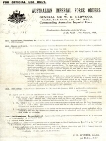 Document, Honours and Awards - DSO for Captain Stanley Savige 1919, 1919