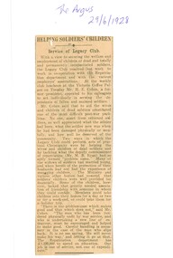 Newspaper - Article, Helping Soldiers' Children. Service of Legacy Club, 1928