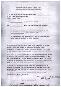 Document, Inauguration of Legacy Widows' Club. Installation of President, 1984