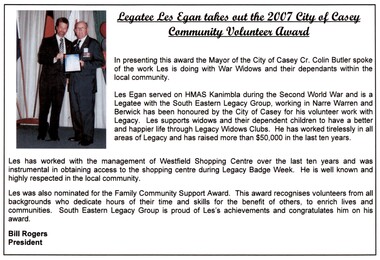 Document, Legatee Les Egan awarded Volunteer Award, 2007