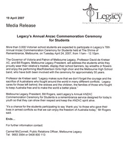 Document, Press Release Anzac Commemoration for Students 2007, 2007