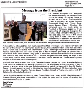 Article, Bulletin article: Unveiling Stan Savige Memorial, 2006
