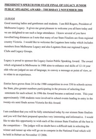 Document - Speech, President's speech for State Final of Legacy Junior Public Speaking Award, 2006