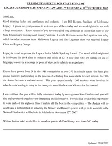 Document - Speech, President's speech for State Final of Legacy Junior Public Speaking Award, 2007