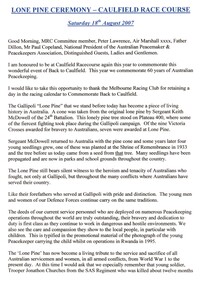 Document - Speech, Lone Pine Ceremony - Caulfield Race Course, 2007