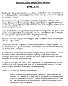 Document - Speech, Benalla, Euroa, Violet Town Group - Change Over Dinner, 2006